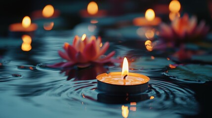 Glowing Lotus Flowers in Serene Pond with Floating Candles at Dusk