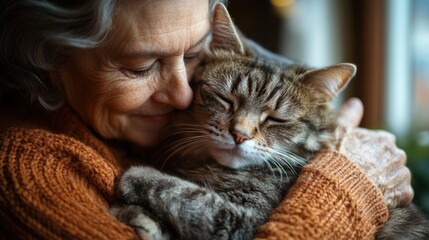 A woman is hugging a cat