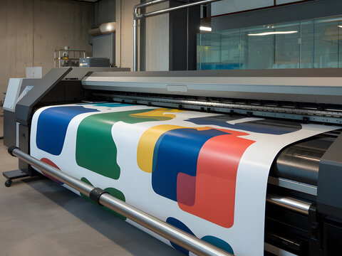Una impresora de dise&ntilde;ador grande que imprime papel con un dise&ntilde;o multicolor
