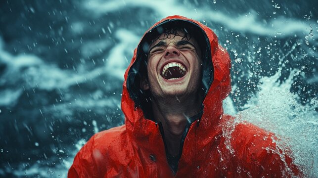 Joyful Resilience, an individual embracing laughter amidst the chaos of a storm, embodying strength and positivity in adversity.