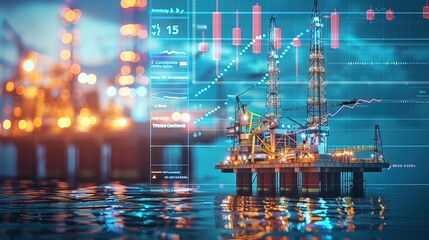 Close-up of digital screen showing oil price graph with rising lines, symbolizing market fluctuations and economic trends in the energy sector.