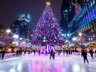 Vibrant cityscape featuring a giant, illuminated Christmas tree at a bustling outdoor ice skating rink at night, surrounded by urban architecture.