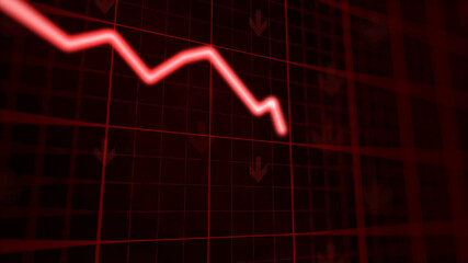Empty, Template, 3D illustration of a bearish market with glow red trading candles and down arrows, vivid glowing red background, financial loss and market decline. 4k image