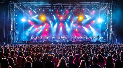 Vibrant music concert scene with colorful lights and large crowd enjoying a live performance under the night sky.