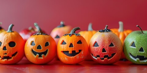 Row of cute Halloween jack-o'-lanterns in vibrant colors