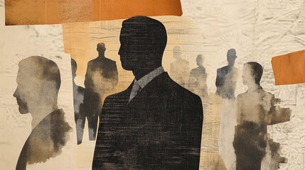 portrait of man in a formal suit silhouette collage art mixed media sepia filter political secret mission businessman surrounded people design graphic concept newspaper old paper artistic composition