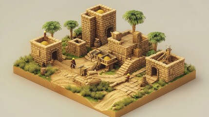 "Minimalistic 3D model of a gold mining operation in Africa, featuring stylized equipment, workers, and terrain in earthy tones.