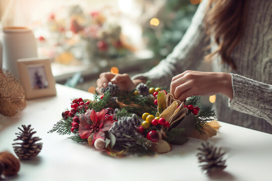 Woman's hands holding a Christmas wreath. Christmas home decor and wreath-making workshops concept.