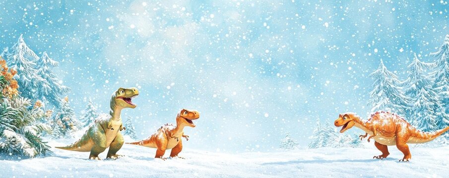 Dinosaurs playing in the snow, Blizzard fun planned out, Unleash creativity in Winter wonderland