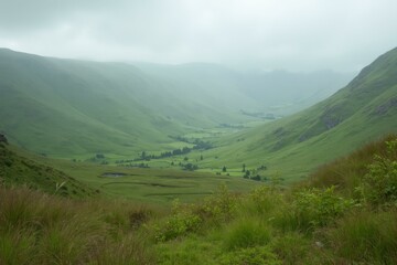Scottish Highlands Rolling Hills And Misty Valleys On Overcast Day