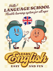 Vector English Talk Language Learning Group of British Gentleman Characters in Hats Illustration Poster. Groovy Cartoon Speech Bubbles Conversation Chat Message London Speak Personage Isolated