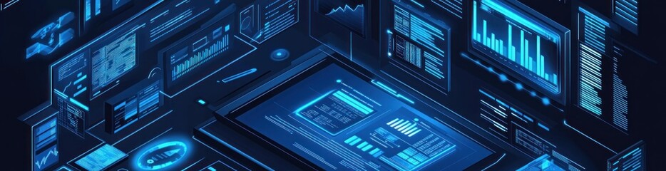 A digital interface displaying data analytics and visualizations in a futuristic design.