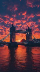 A stunning sunset casts vibrant hues over Tower Bridge in London, creating a magical atmosphere