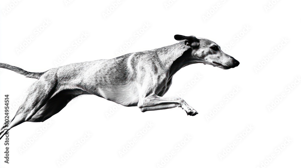 Sticker A sleek dog in mid-leap against a white background, showcasing agility and motion.