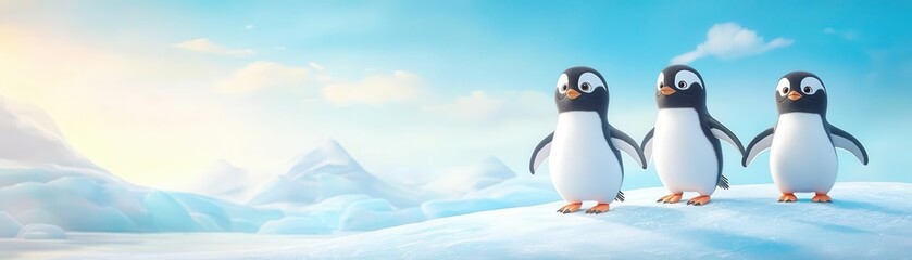 Naklejka premium Witness penguins waddling uphill on ice