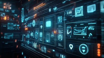 Obraz premium Futuristic digital interface displaying data analytics and technology metrics.