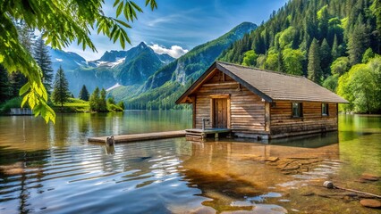 Obraz premium Scenic view of flooded pier and wooden house during spring flood in the mountains