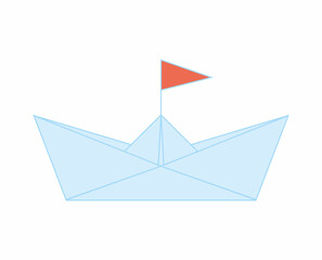 paper boat with a red flag, blue ship, handmade, vector symbol
