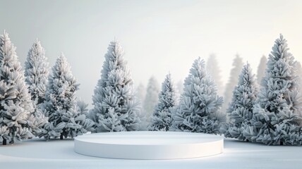 Fototapeta premium There is a white podium situated right in the middle of a snowy forest