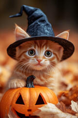 Fluffy cute red kitten wearing witch hat with carved pumpkin jack o lantern against background of orange autumn leaves. Halloween decorations, festive autumn atmosphere. Vertical banner, copy space