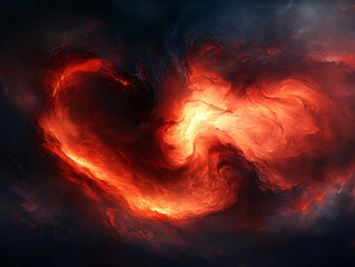 a vivid and fiery heart shape with a swirling motion set against a dark, almost black background.