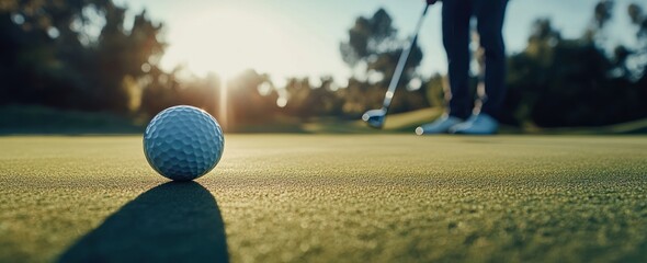 A close-up of a golf ball on the green with a golfer preparing to take a shot.