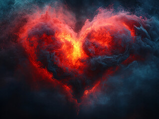 a vivid and fiery heart shape with a swirling motion set against a dark, almost black background.