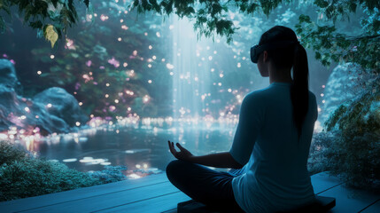 A peaceful virtual reality environment where a person engages in stress-relief activities like deep breathing and meditation with a calming background of nature and soft lights