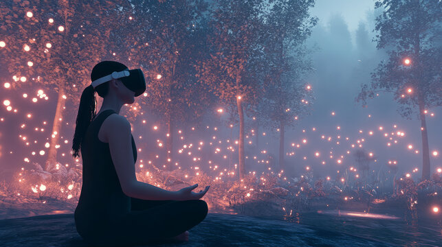 A peaceful virtual reality environment where a person engages in stress-relief activities like deep breathing and meditation with a calming background of nature and soft lights
