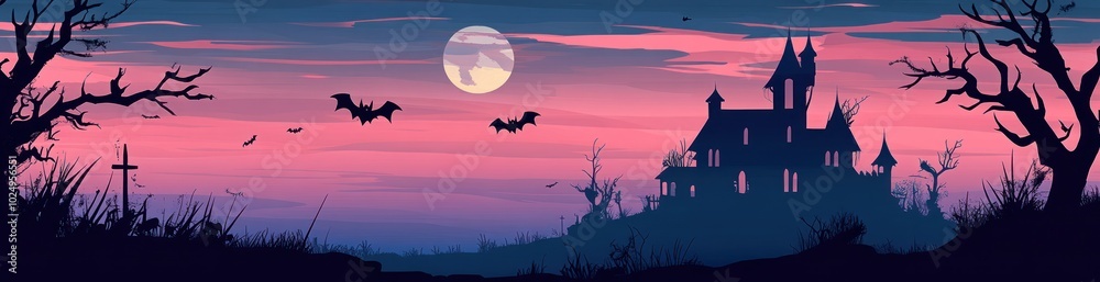 Canvas Prints A spooky landscape featuring a haunted house under a full moon with bats and barren trees.