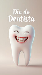 Esta imagem apresenta um dente sorridente em estilo cartoon com bochechas rosadas, sobre um fundo suave, celebrando o Dia do Dentista.

