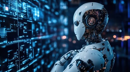 Futuristic Robot Peering into a Digital World of Data Visualization