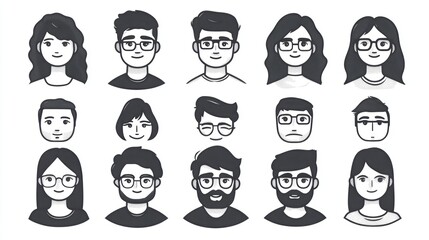 Set of avatar black and withe icons with line editing 