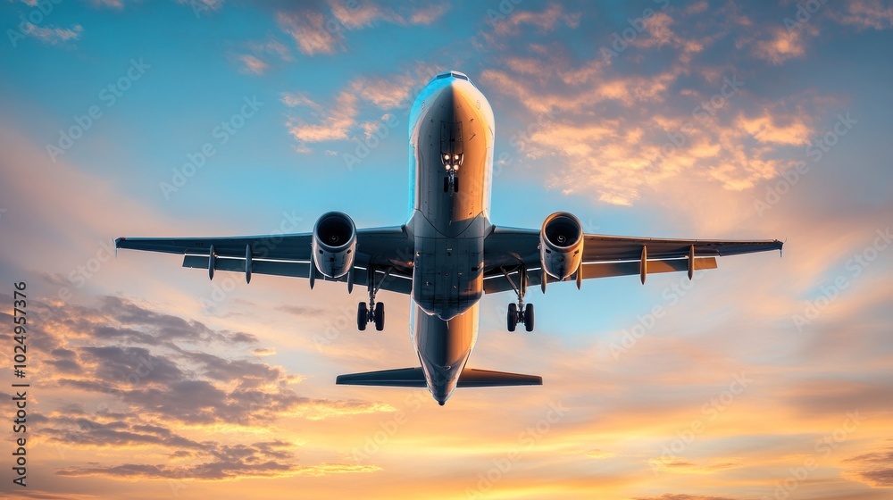 Sticker An airplane flying against a vibrant sunset sky, showcasing travel and aviation.