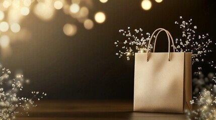 A decorative gift bag with floral accents on a blurred background.