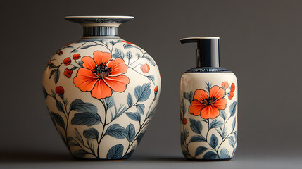 Two ceramic vases with floral designs, one tall and slender, the other shorter and rounder, against a gray backdrop.