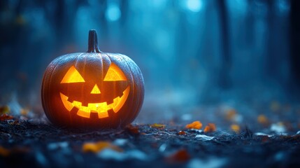 Spooky Halloween Night with Jack O' Lantern in Misty Forest – Blank Space for Text