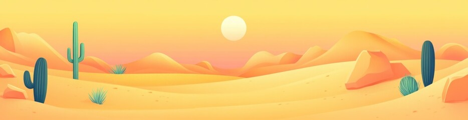 Obraz premium A serene desert landscape with cacti, sand dunes, and a warm sunset.