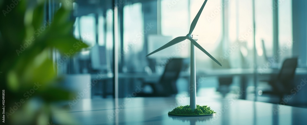 Poster A miniature wind turbine model on a desk, symbolizing renewable energy and sustainability.