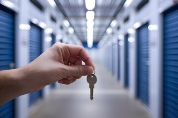 A photo of a hand gripping a key in front of a blurred background of a storage complex with bright lights.