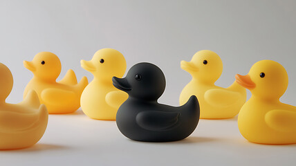 Yellow Rubber Ducks with Black Duck in Center

