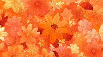 Fototapeta premium A vibrant seamless floral pattern featuring an array of flowers in various shades of orange, intricately designed with delicate petals and leaves, creating a cheerful and lively atmosphere