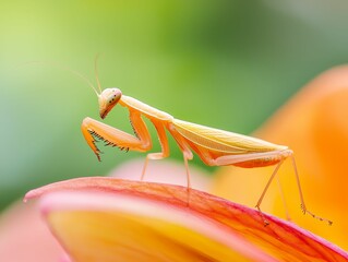 Mantis perched on a flower, its delicate body contrasting with the colorful petals