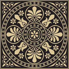 Vector gold and black classic Greek square ornament. Rectangle of Ancient Greece and Roman Empire. Byzantine painting of walls, floors and ceilings. Decoration of European palaces