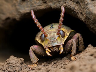 Beetle emerging from under a rock, its horn and legs covered in dirt, showcasing its natural habitat