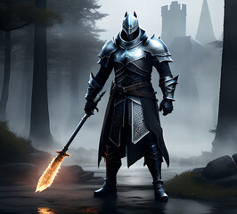 Obraz premium Knight warrior in steel armor middle ages dark staging.generative ai