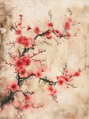  Vintage  art piece, capturing the elegance of soft pink and red tones on a time-worn canvas,