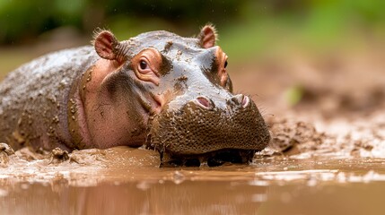 Hippo standing in a mud pool, fully coated in mud with a playful expression