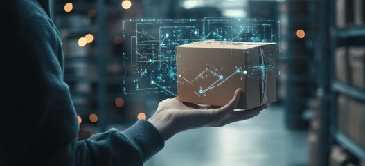 A person holding a box with digital data projections in a warehouse setting.
