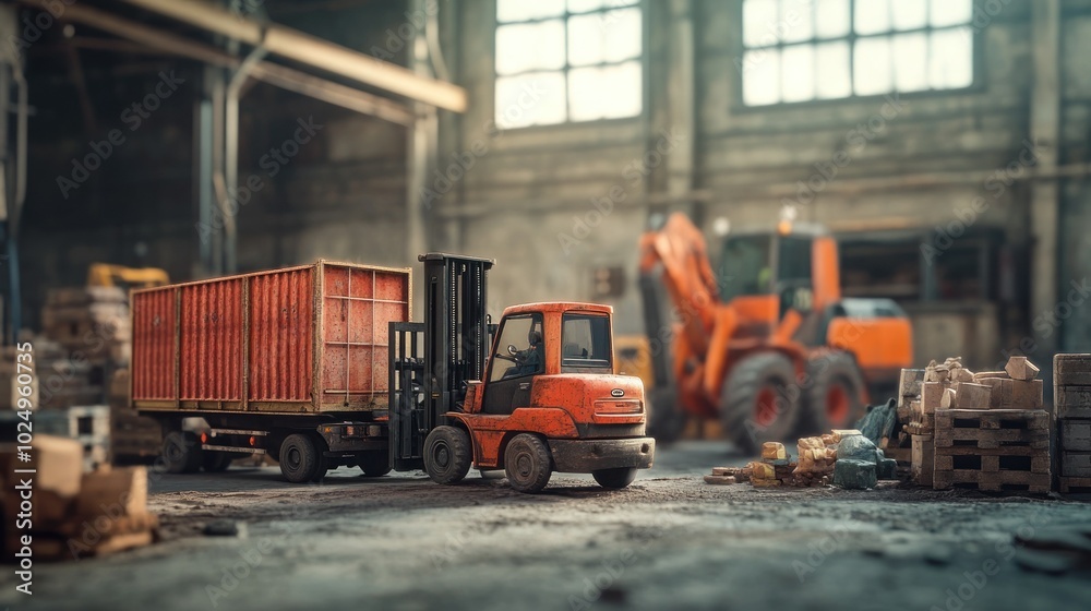 Poster A detailed scene of a warehouse with a forklift and cargo trailer, emphasizing industrial activity.